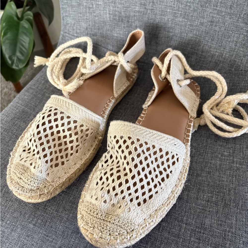 a new day | Cream Espadrille Flats with Ankle Wrap | Size 11